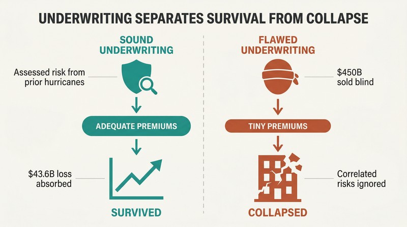 Split panel comparing sound insurance underwriting that survived a hurricane to flawed underwriting at AIG that led to collapse, both flowing from premium collection to opposite outcomes.