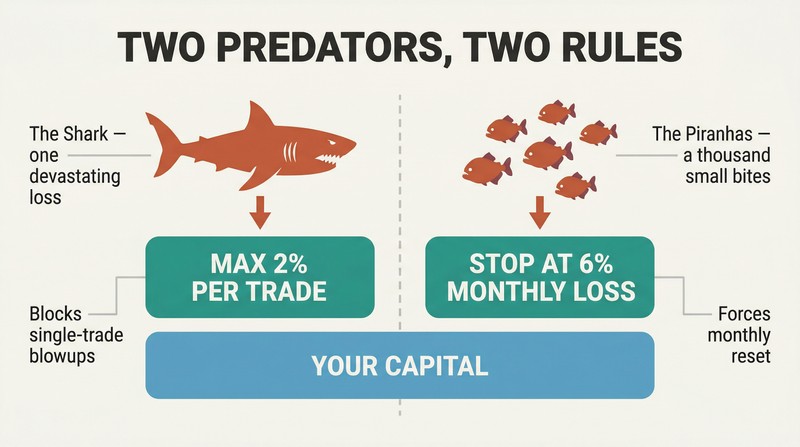 Split panel showing a shark blocked by a 2% per-trade shield on the left and piranhas blocked by a 6% monthly shield on the right, protecting capital below.