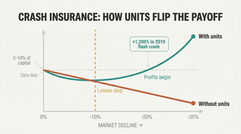 Two diverging portfolio lines across increasing market decline, one falling continuously and the other curving upward past a break-even threshold, showing how units convert crashes into gains.