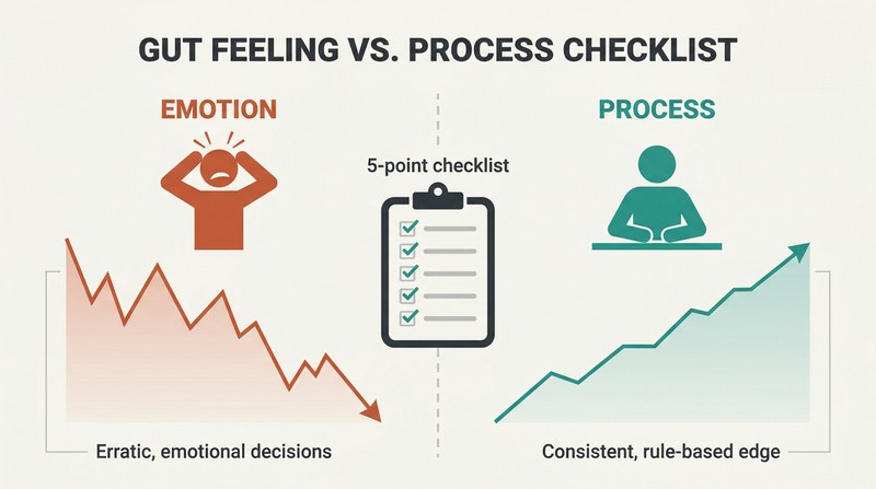 Split panel comparing emotional gut-feeling trading with declining results on the left against checklist-driven disciplined trading with consistent results on the right.
