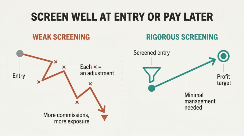 Split panel comparing a tangled zigzag path of over-adjusted trades against a clean straight path from rigorous screening to profit.