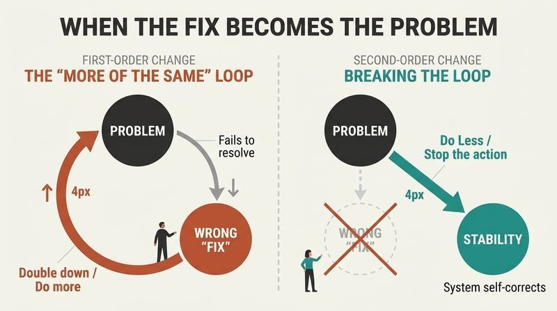 Split diagram comparing a self-reinforcing vicious cycle of applying a failing solution versus breaking the cycle by stopping the action to let the system self-correct.