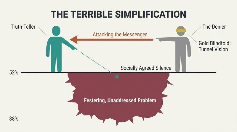 Split-surface diagram illustrating how ignoring a hidden subterranean problem while punishing the person who points it out causes the unaddressed threat to grow.