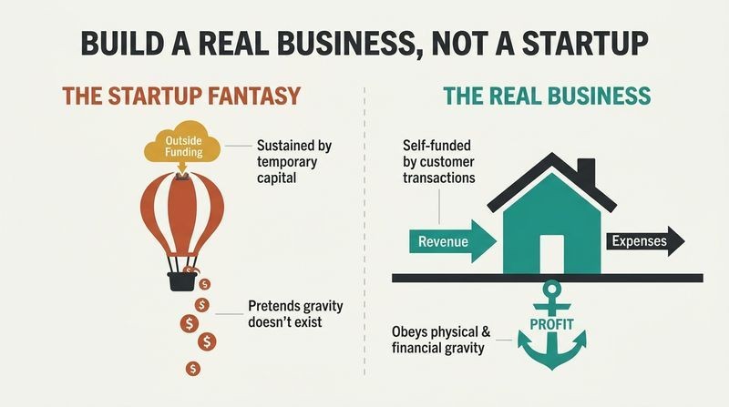 A split-panel diagram comparing a floating, unstable startup powered by temporary outside funding with a solid, grounded business anchored by customer revenue and profit.