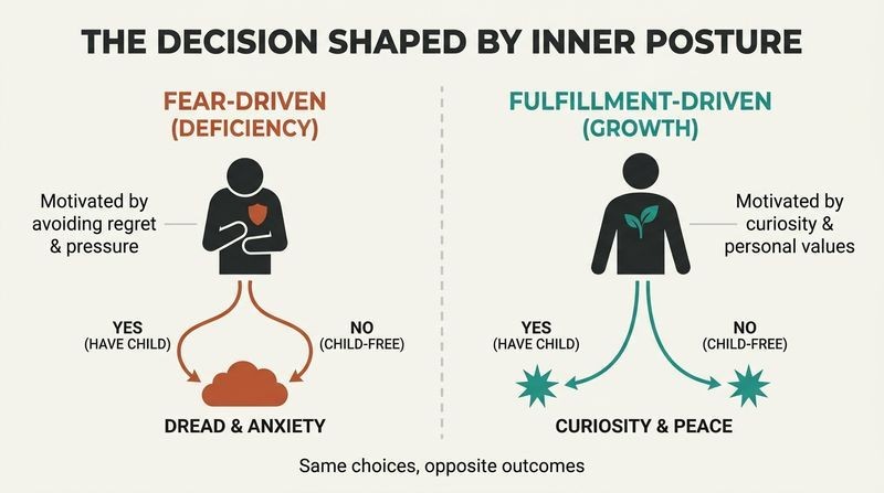 Split diagram showing how a fear-driven mindset leads to anxiety on both choice paths, while a fulfillment-driven mindset leads to satisfaction on both choice paths.