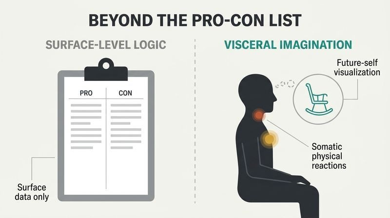 Split panel diagram comparing a sterile, surface-level pro-con checklist on the left with a deep emotional, visceral response and future-self visualization on the right.