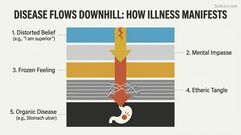 Vertical diagram illustrating how physical disease cascades downward from a distorted belief in the highest aura layer down through mental, emotional, and etheric layers before manifesting as an ulcer in the physical body.