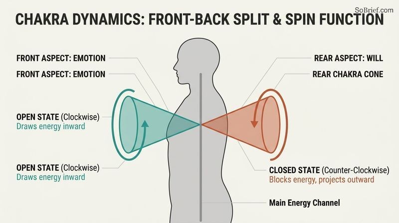 Side-profile diagram of a human body illustrating how front chakras govern emotion and spin clockwise (open), while rear chakras govern will and spin counter-clockwise (closed).