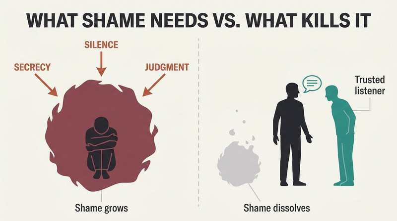 Split panel comparing shame growing large when fed by secrecy, silence, and judgment versus shame dissolving small when spoken aloud to a trusted listener.