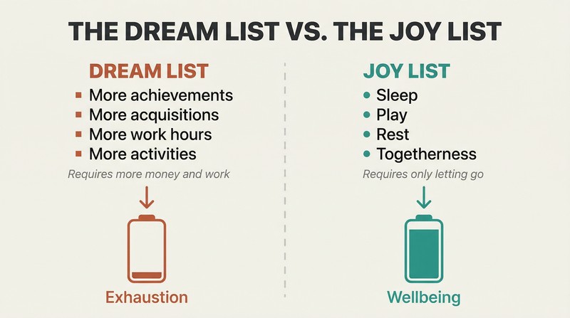 Split panel comparing a dream list of achievements draining a battery to a joy list of play and rest filling one.