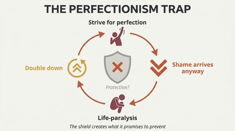 Circular loop showing four stages — strive for perfection, shame arrives anyway, life-paralysis, double down — cycling endlessly around a heavy shield that promises but fails to protect.