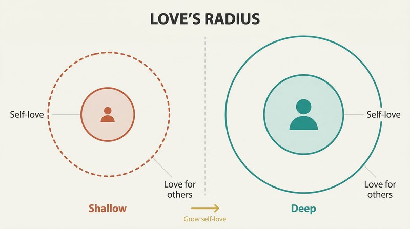Two concentric circle pairs compared side by side showing how a small core of self-love limits outward love while a large core of self-love expands it.