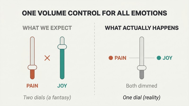 Split panel comparing two separate emotion sliders on the left with a single shared slider on the right, showing that numbing pain also numbs joy.