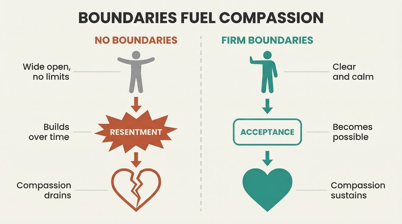 Split panel comparing two paths: without boundaries, resentment builds and compassion drains away, while firm boundaries sustain acceptance and lasting compassion.