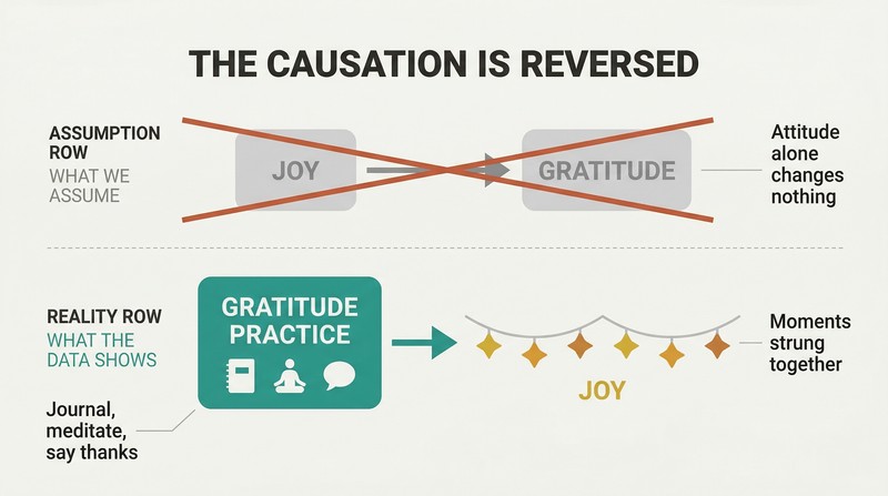 Two-row comparison showing the common assumption that joy leads to gratitude crossed out, while the reality that gratitude practice creates joy moments is highlighted below.