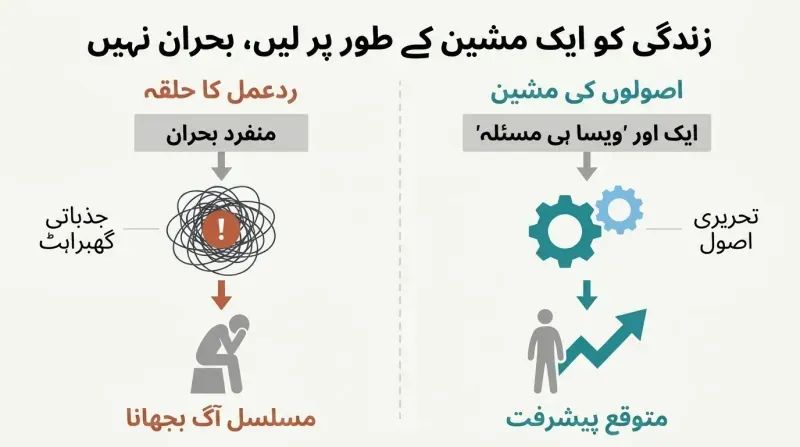 Side-by-side comparison diagram showing the chaotic "Reaction Loop" of treating life's events as unique crises versus the systematic "Principle Machine" of engineering solutions using written principles.