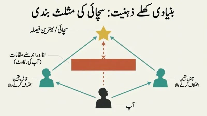 Triangulation diagram showing how a person's direct line of sight to the truth is blocked by ego and blind spots, but bypassed by consulting smart disagree-ers who have clear angles of vision.