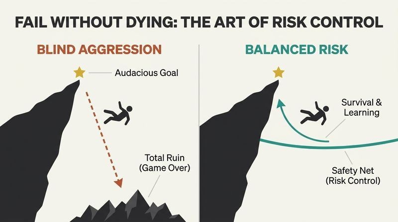 Split-panel diagram contrasting blind risk-taking, where a fall leads to total ruin, with balanced risk-taking, where a safety net catches the falling climber.