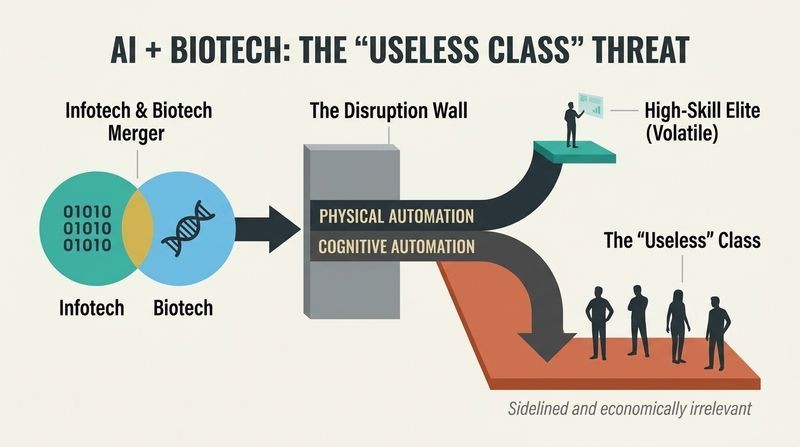 Fork diagram showing how the merger of infotech and biotech automates both physical and cognitive tasks, leaving a tiny, volatile high-skill elite while sidelining the vast majority into an economically irrelevant class.
