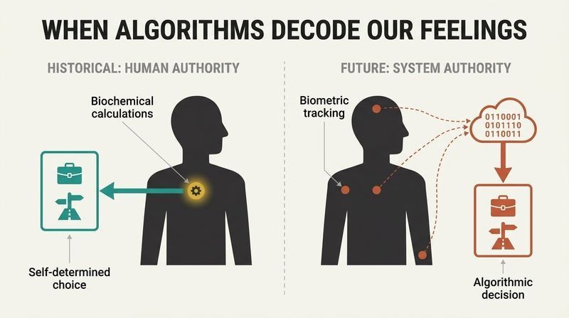 Split diagram showing human decisions guided by internal feelings on the left, contrasted with biometrics streamed to an external algorithm that makes the decision on the right.