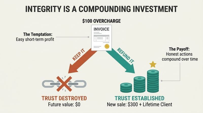 A fork diagram showing how keeping an overcharge yields a tiny short-term gain but destroys future sales, while refunding it builds immediate trust, leading to a much larger sale and lifetime client value.