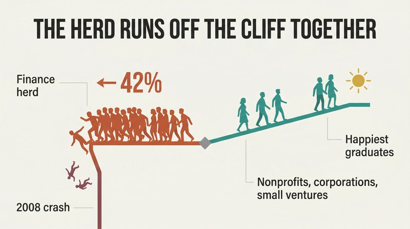 Fork diagram showing a large crowd of figures rushing toward a cliff edge while a small group diverges toward stable ground and greater happiness.
