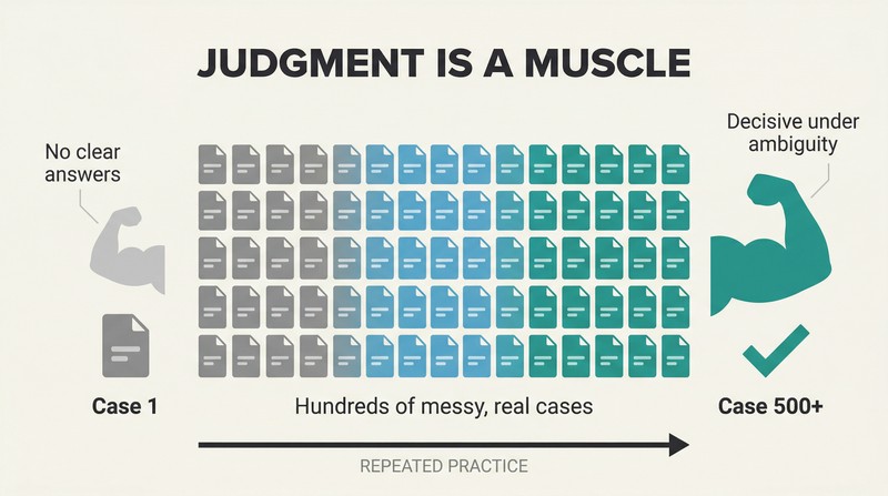 Horizontal progression showing a small flexed arm growing into a large one as hundreds of case document icons accumulate beneath it, illustrating how repeated practice builds decision-making strength.