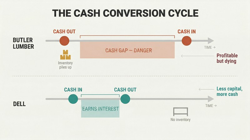 Two horizontal timelines comparing cash flow timing, showing a dangerous gap when paying suppliers before collecting versus a healthy inversion when collecting before paying.