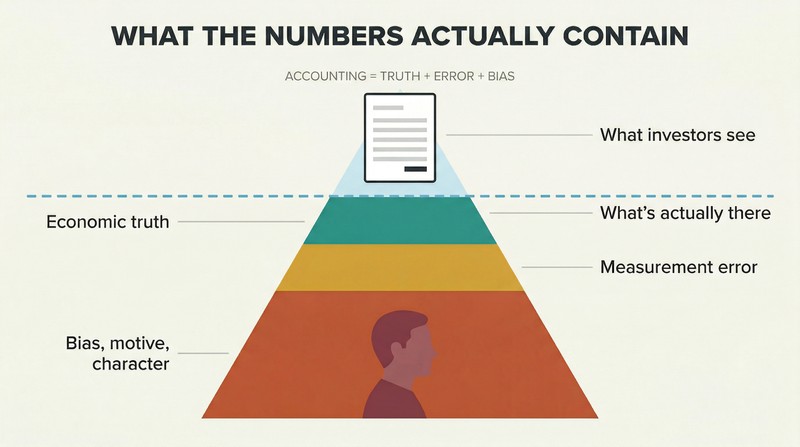 Iceberg diagram showing a financial statement above the waterline with three hidden layers below: economic truth, measurement error, and bias revealing character and motive.