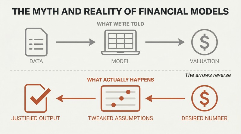 Split panel contrasting the apparent data-to-valuation flow of financial models against the actual reverse-engineered flow from desired number back through tweaked assumptions.