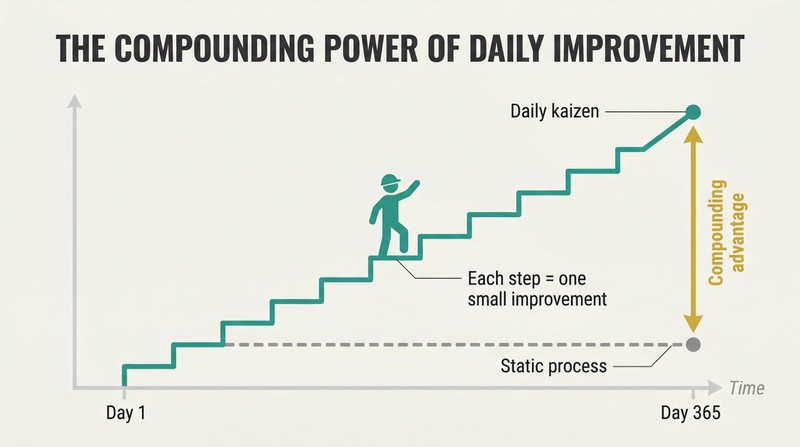 Two trajectories diverging over time: a flat gray line for static processes and an ascending teal staircase of small daily improvements that compounds into a large advantage.
