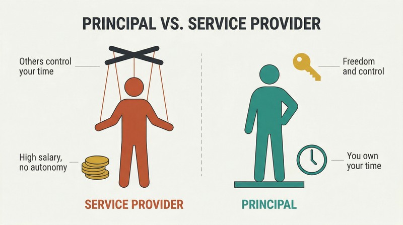 Split panel comparing a service provider figure pulled by multiple strings to a principal figure seated freely, with contrasting rewards of salary versus control and freedom.