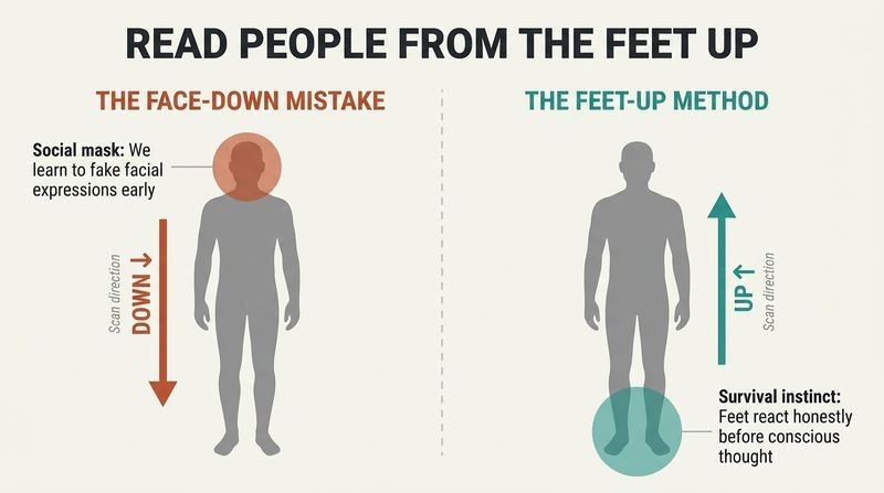 A split-panel diagram comparing the common mistake of scanning faces first with the FBI method of reading body language from the feet up.