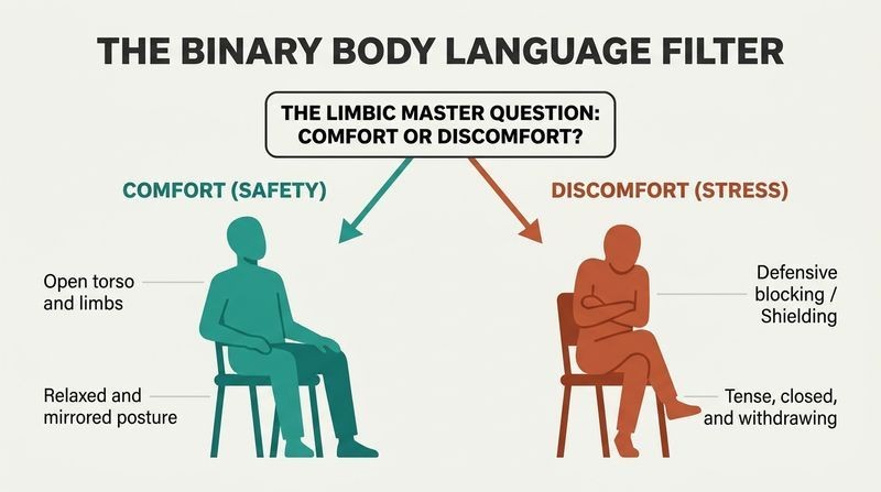 Fork diagram showing how all human body language splits into a binary classification: open comfort behaviors on the left versus closed discomfort behaviors on the right.