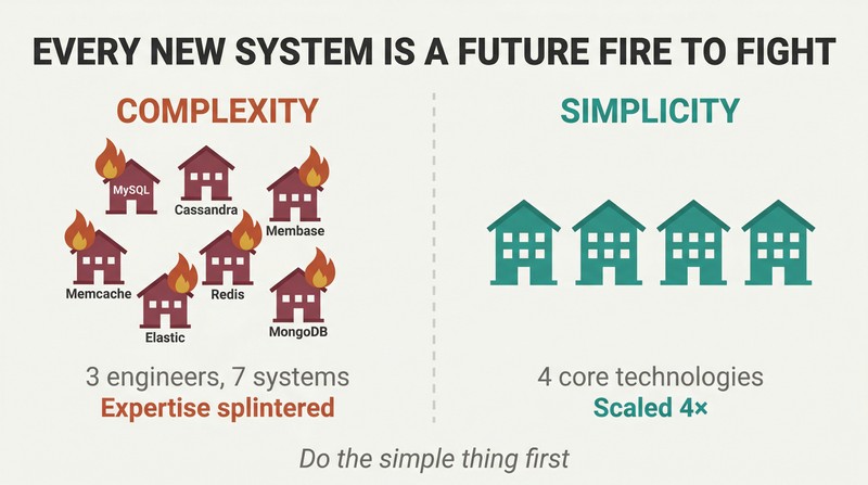 Split panel contrasting seven technology buildings with flames representing complexity against four stable buildings representing disciplined simplicity that enables scaling.