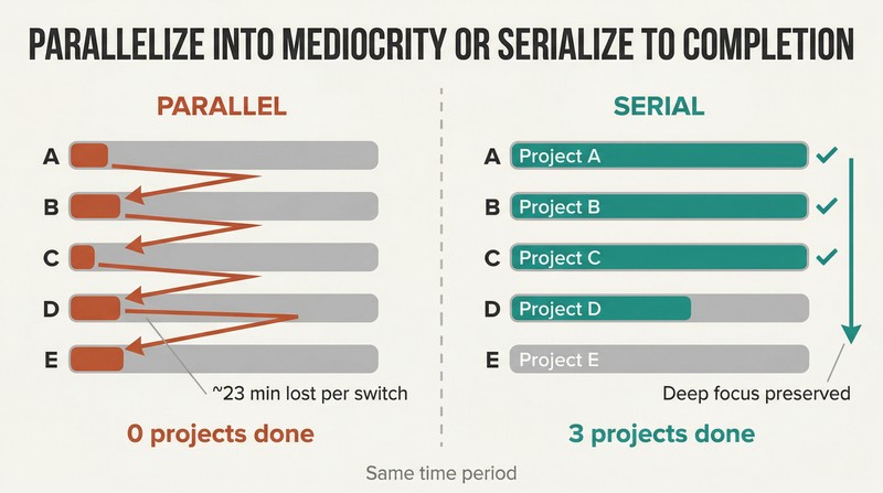Split panel comparing five barely-started parallel project bars on the left against three fully completed sequential project bars on the right, showing the cost of context switching.
