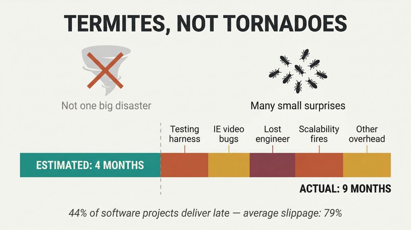 Horizontal bar showing a 4-month estimate extended to 9 months by five small stacked delays, with a crossed-out tornado contrasted against clustered termite icons.