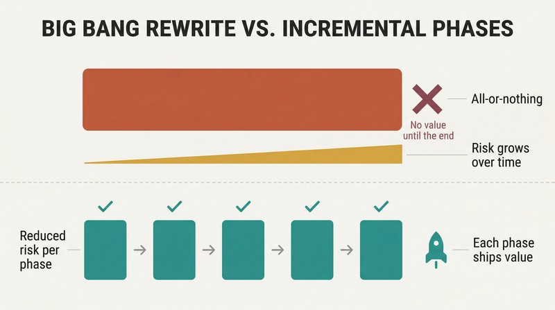 Split comparison showing a single large risky rewrite block on top versus a series of small shippable phase blocks below, each with a checkmark.
