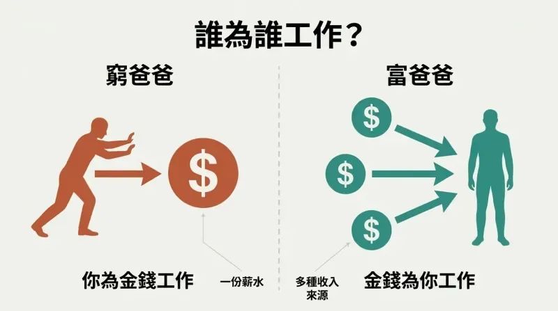 Split panel contrasting a person chasing a single dollar sign on the left with three income streams flowing toward a calm person on the right.