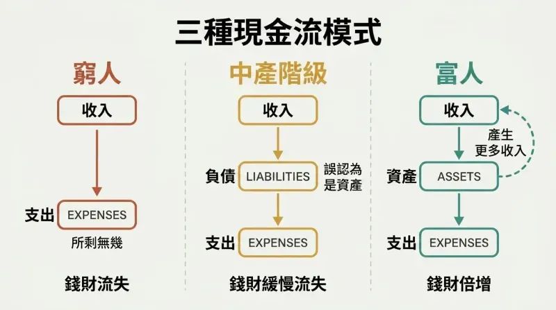 Three-column flow diagram comparing how poor, middle class, and rich route income differently through expenses, liabilities, and assets.
