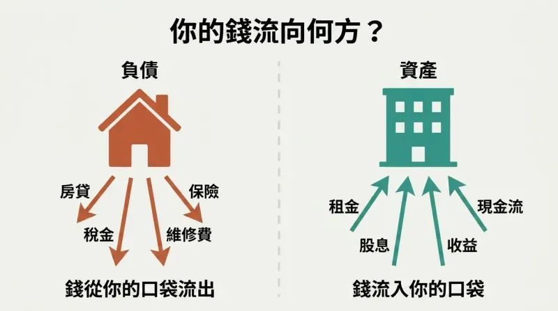 Split panel comparing a house draining money downward through expenses versus income-producing assets funneling cash flow upward into your pocket.