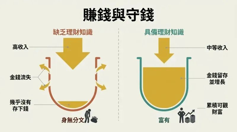Split comparison of a leaky container losing high income versus a solid container building wealth through financial literacy.