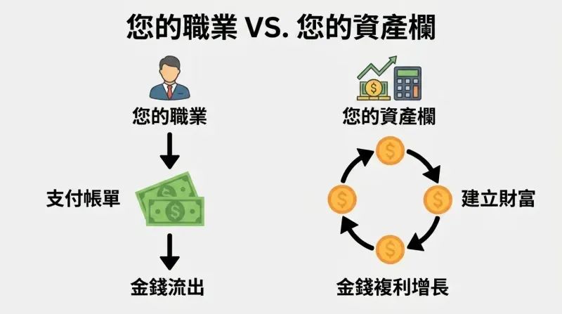 Split panel comparing profession income flowing out to bills on the left with asset column income looping back to generate more assets on the right.