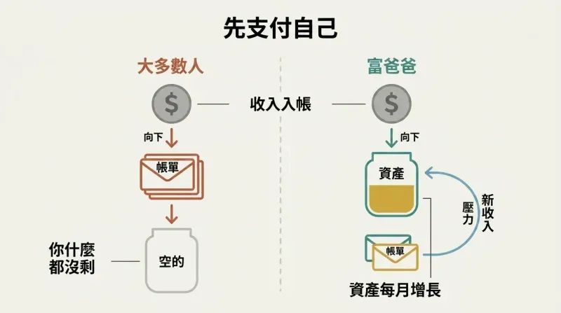 Split panel comparing two income flows: paying bills first leaves nothing, while paying yourself first creates pressure that fuels new income streams.
