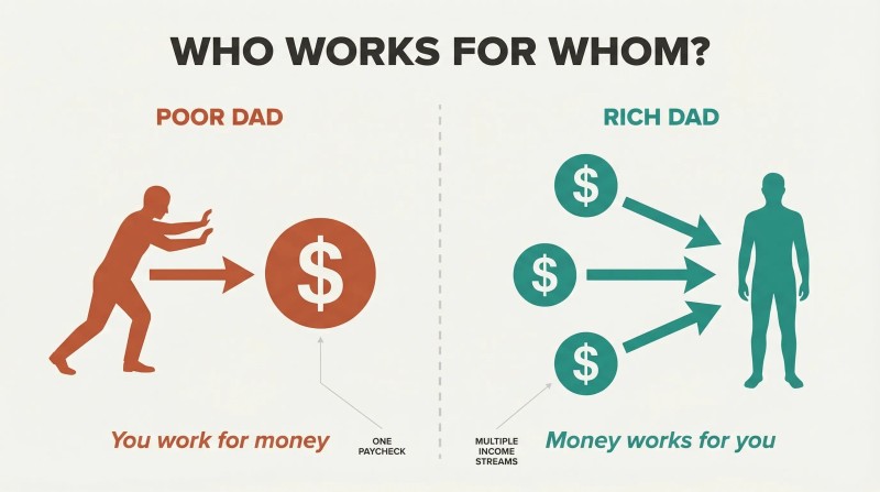Split panel contrasting a person chasing a single dollar sign on the left with three income streams flowing toward a calm person on the right.
