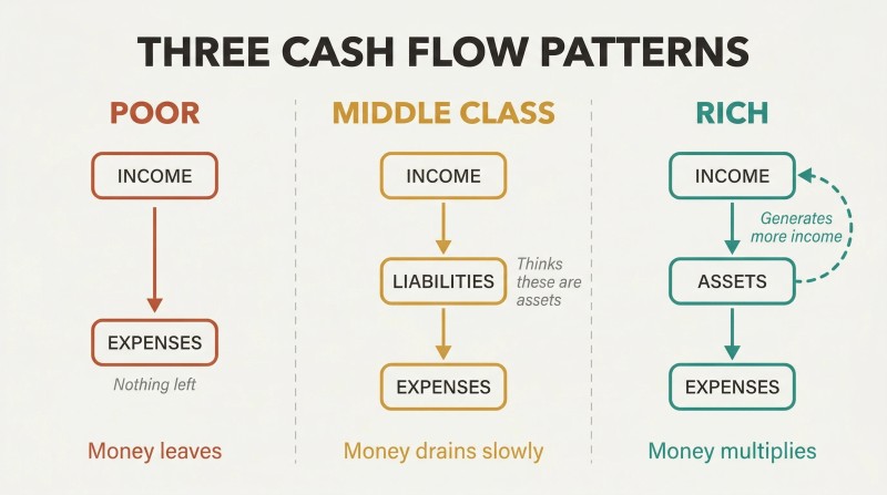 Three-column flow diagram comparing how poor, middle class, and rich route income differently through expenses, liabilities, and assets.