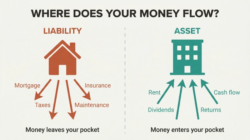 Split panel comparing a house draining money downward through expenses versus income-producing assets funneling cash flow upward into your pocket.