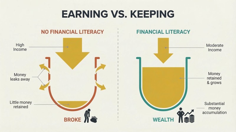 Split comparison of a leaky container losing high income versus a solid container building wealth through financial literacy.