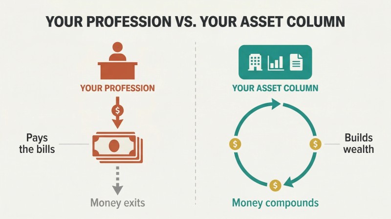 Split panel comparing profession income flowing out to bills on the left with asset column income looping back to generate more assets on the right.