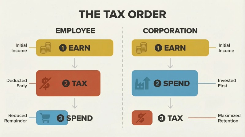 Split panel comparing employee and corporate money sequences using descending bars that show how swapping the order of taxation and spending dramatically shrinks the tax burden.